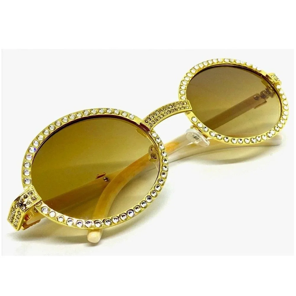 Rhinestone Sunglasses Oval Frame Gold Tone Brown Lens Fashion‎ Shades Men Iced